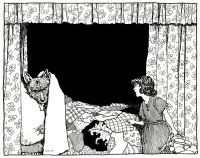 Cappuccetto Rosso Andò al Letto, illustrazione da Old Time Stories di Charles Perrault, pub. da Constable & Co Ltd, 1921 da William Heath Robinson